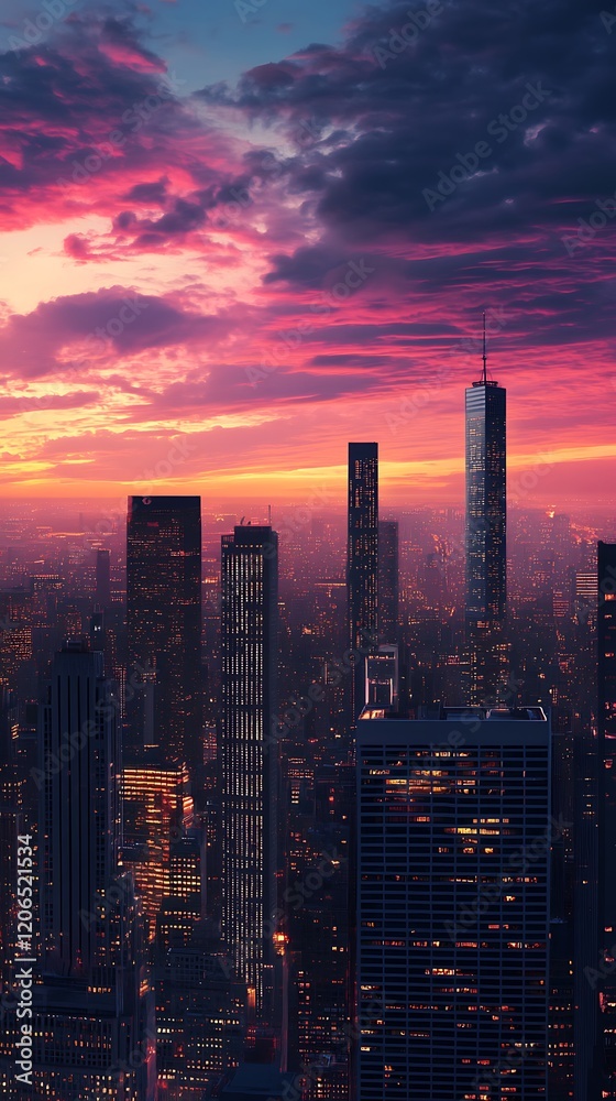 Obraz premium City skyline at sunset with colorful clouds and towering buildings.