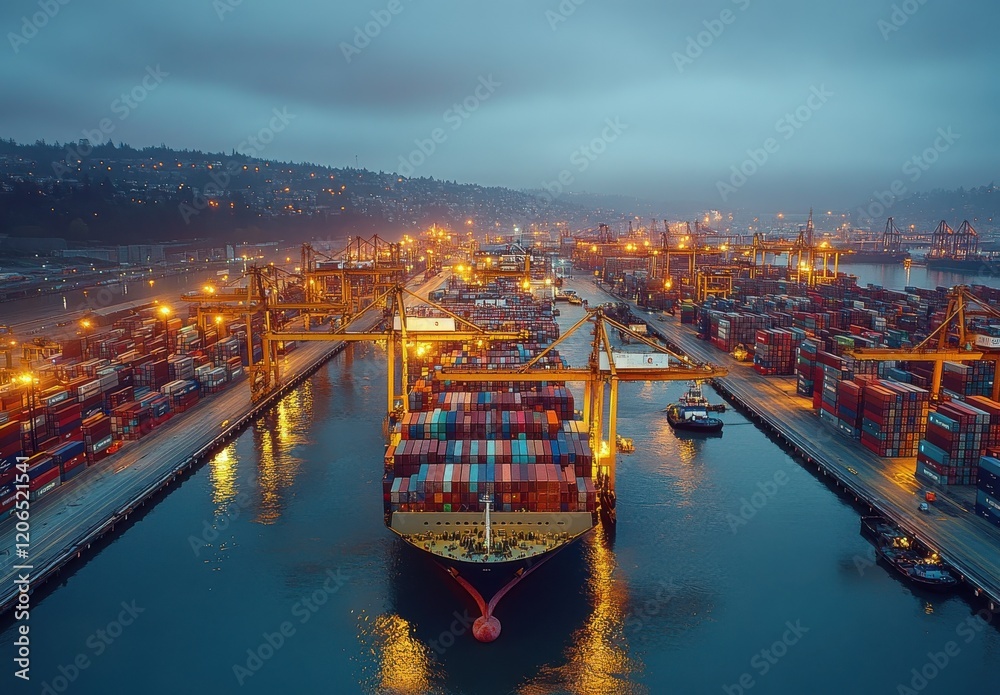 Fototapeta premium Aerial View of Busy Port with Container Ship and Cranes at Dusk under Cloudy Sky in an Urban Environment - Shipping Industry and Logistics