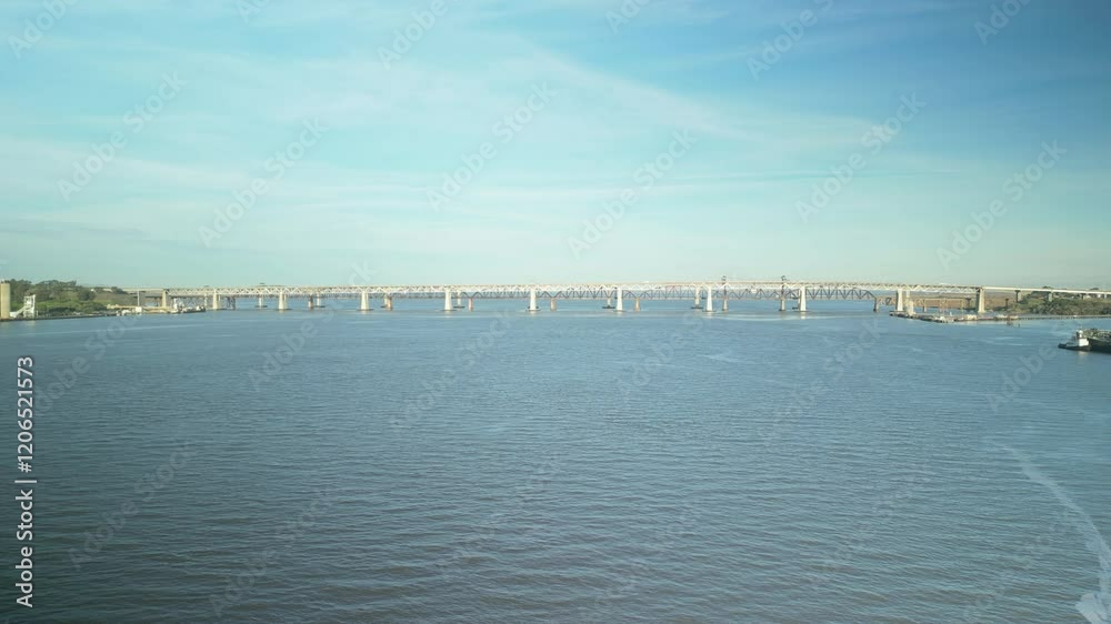 A dynamic aerial zoom captures the Benicia-Martinez Bridge, showcasing its intricate steel framework and the vibrant waterways of Martinez, California, against a backdrop of sky and shoreline. A dynamic aerial zoom captures the Benicia-Martinez Bridge, showcasing its intricate steel framework and the vibrant waterways of Martinez, California, against a backdrop of sky and shoreline.