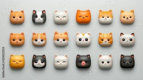 A collection of cute cat faces in various colors and expressions.