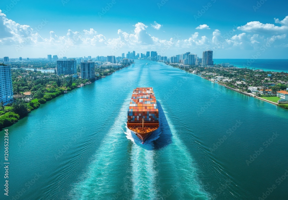 Naklejka premium Aerial View of Cargo Ship Navigating Clear Waters Through Urban Landscape with Lush Greenery and Blue Skies, Showcasing Maritime Trade and City Life