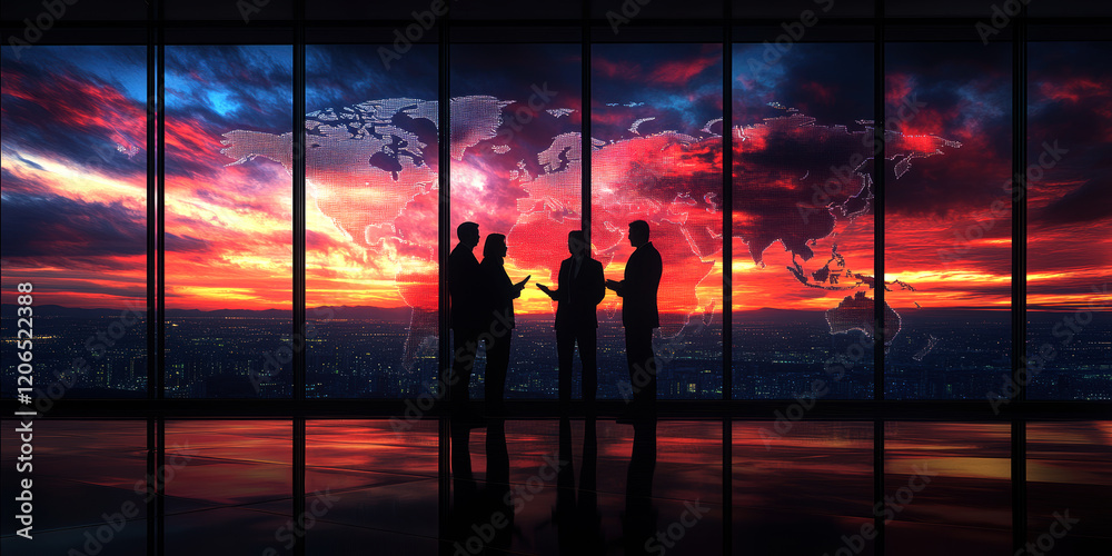 Silhouetted figures engage in a strategic discussion against a stunning sunset backdrop, featuring a digital world map that symbolizes global business connectivity and international partnerships. Silhouetted figures engage in a strategic discussion against a stunning sunset backdrop, featuring a digital world map that symbolizes global business connectivity and international partnerships.