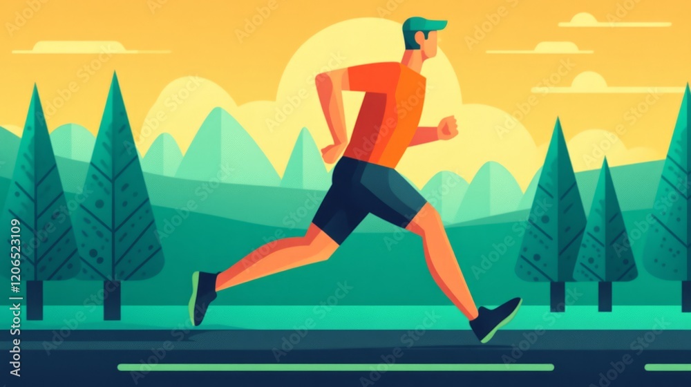 Vibrant and Energetic Runner in Nature Surrounded by Trees and Mountains at Sunset in a Colorful Landscape Featuring Bright Yellow and Green Tones Vibrant and Energetic Runner in Nature Surrounded by Trees and Mountains at Sunset in a Colorful Landscape Featuring Bright Yellow and Green Tones