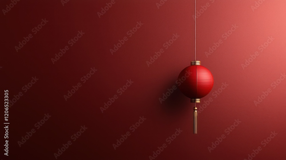 A red lantern hanging against a matching red wall, symbolizing celebration and culture.