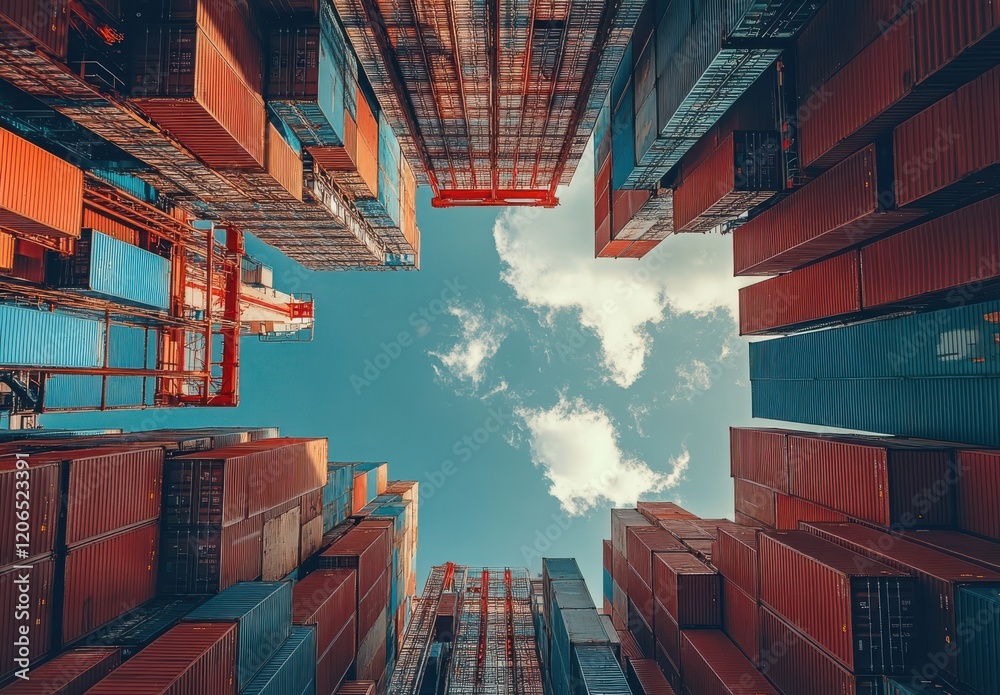 Fototapeta premium Aerial View of Colorful Shipping Containers Stacked in a Busy Port Under Blue Sky with Fluffy Clouds, Offering a Unique Perspective on Global Trade and Transport Industry