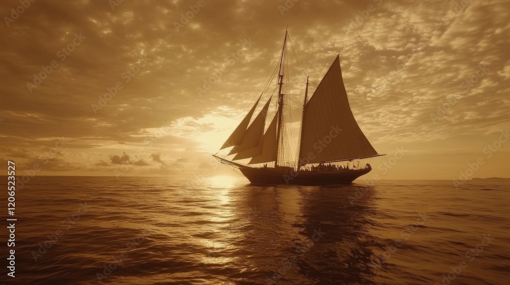 Fototapeta premium Golden Sunset Sailboat on Calm Ocean