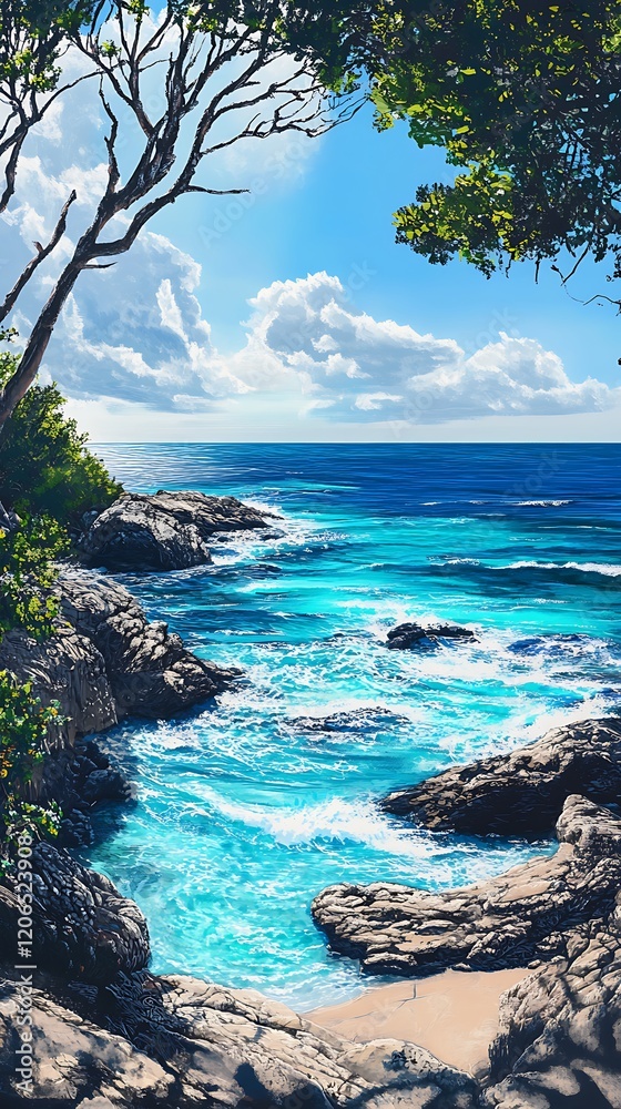 Fototapeta premium Serene coastal scene with turquoise waters and rocky shoreline.