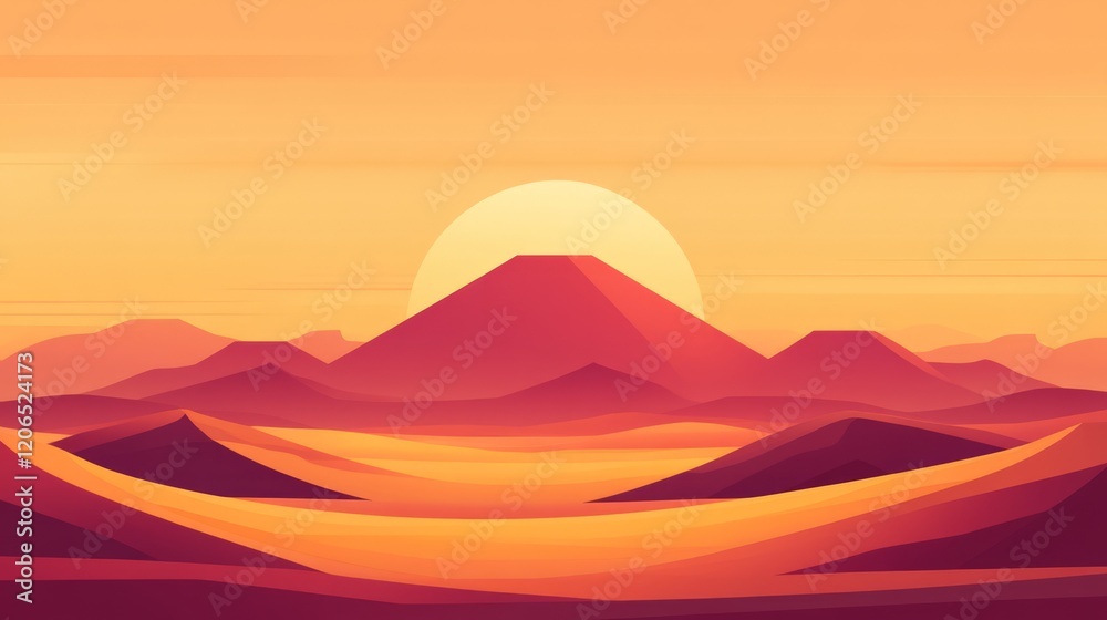 Vibrant Geometric Landscape with Mountain Silhouette, Warm Sunset Glow and Layered Terrain in Abstract Style, Ideal for Background and Nature Designs Vibrant Geometric Landscape with Mountain Silhouette, Warm Sunset Glow and Layered Terrain in Abstract Style, Ideal for Background and Nature Designs