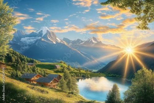 As the morning sun casts its golden rays over the Alps- a breathtaking vista unfolds before your eyes. Towering- snow-capped peaks rise majestically against the azure sky- their rugged slopes adorned photo