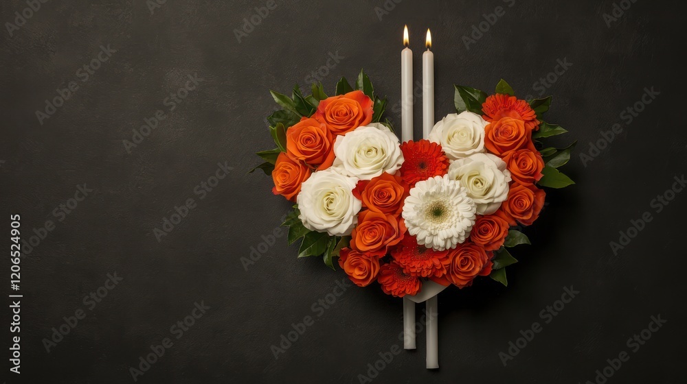 Fototapeta premium A heart-shaped floral arrangement with orange and white roses, accompanied by two candles.