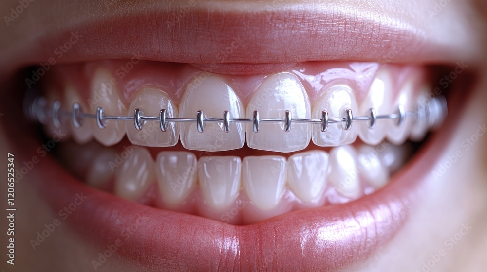 Fototapeta premium Close-Up of Teeth with Braces in a Dental Setting for Orthodontic Care.