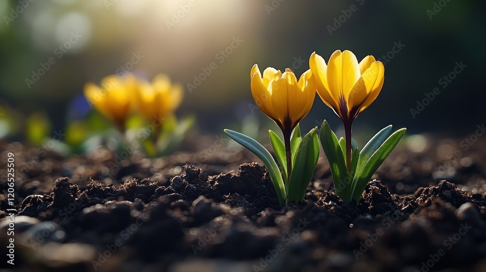 Obraz premium Two Yellow Crocuses Emerging from the Soil in the Warm Sunlight