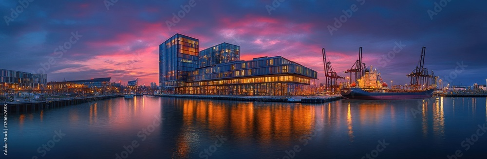 Captivating Evening View of Modern Architecture Reflecting on Tranquil Waters with Colorful Sunset Sky and Vibrant City Lights Illuminating the Urban Landscape Captivating Evening View of Modern Architecture Reflecting on Tranquil Waters with Colorful Sunset Sky and Vibrant City Lights Illuminating the Urban Landscape