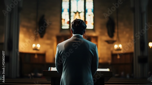 Man in Suit Reading at Church Lectern photo