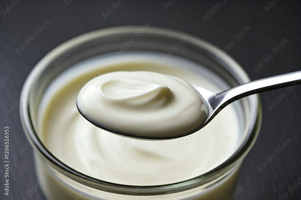 A spoon scooping white yogurt from a glass jar against a dark background. A spoon scooping white yogurt from a glass jar against a dark background.