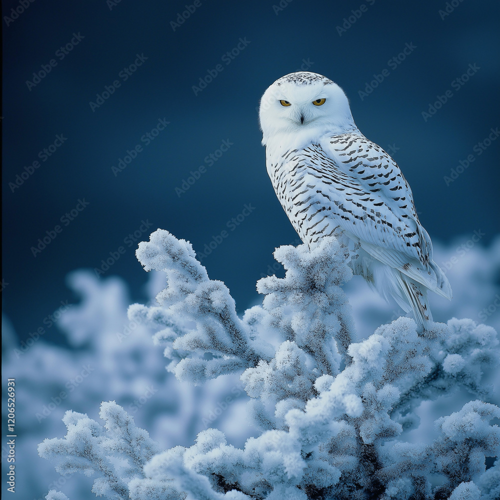 Snowy Owl Perched atop an Ice-Covered Tree - A Majestic Winter Scene in Nature Snowy Owl Perched atop an Ice-Covered Tree - A Majestic Winter Scene in Nature