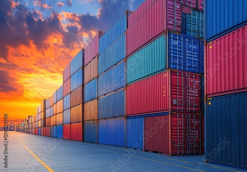 Wallpaper Mural Colorful Shipping Containers Stacked at a Port During Sunset with Dramatic Sky and Industrial Landscape Torontodigital.ca