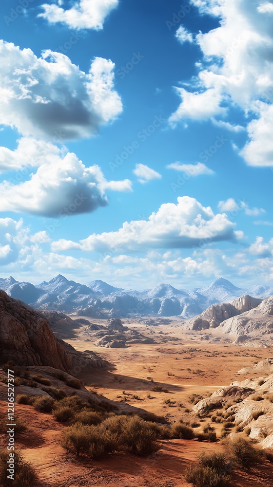 Expansive desert landscape under a bright blue sky with clouds. Expansive desert landscape under a bright blue sky with clouds.