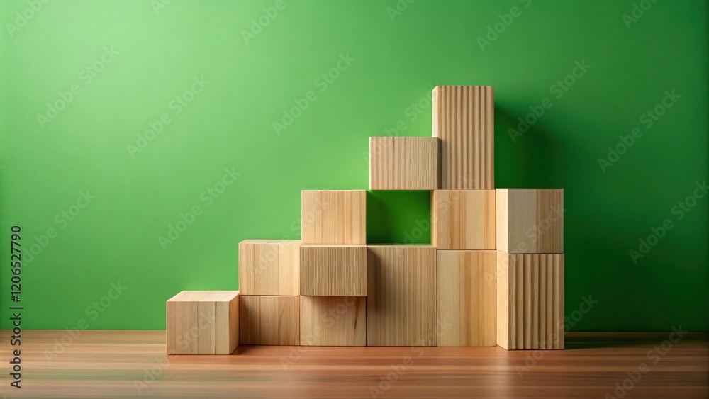 Wooden blocks arranged in a stair-step formation against a vibrant green backdrop Wooden blocks arranged in a stair-step formation against a vibrant green backdrop