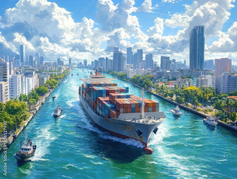 Obraz premium Container Ship Navigating Through Urban Canal Amidst Skyscrapers and Lush Greenery Under a Bright Cloudy Sky with Busy City Life in the Background