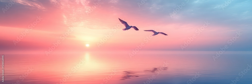 Fototapeta premium Serene Sunset: Two Birds in Flight Over Tranquil Waters