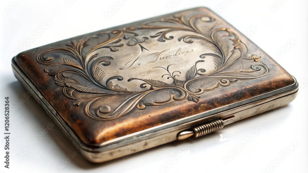 Antique Engraved Metal Case with Ornate Design and Spring Clasp