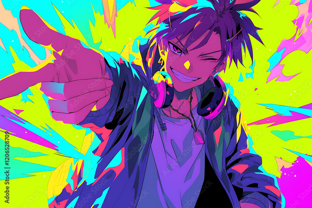 Naklejka premium Vibrant animated character with headphones pointing playfully against a colorful abstract background