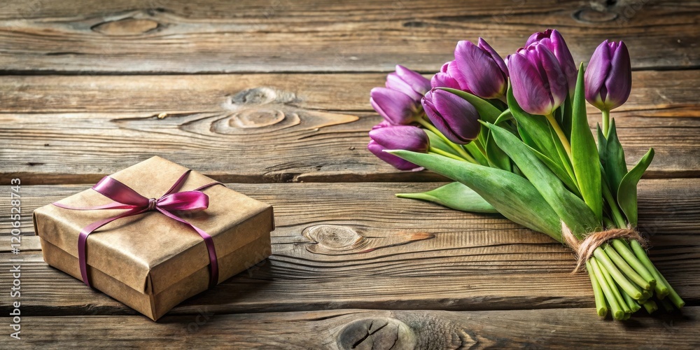 Rustic Wooden Surface Featuring a Gift Box Tied with a Purple Ribbon and a Bouquet of Purple Tulips Rustic Wooden Surface Featuring a Gift Box Tied with a Purple Ribbon and a Bouquet of Purple Tulips