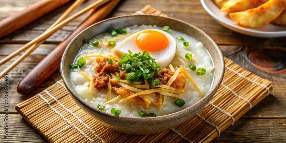 Delicious Top-Down Rice Porridge: Close-Up Shot of Congee with Egg, Wontons & Onions Delicious Top-Down Rice Porridge: Close-Up Shot of Congee with Egg, Wontons & Onions
