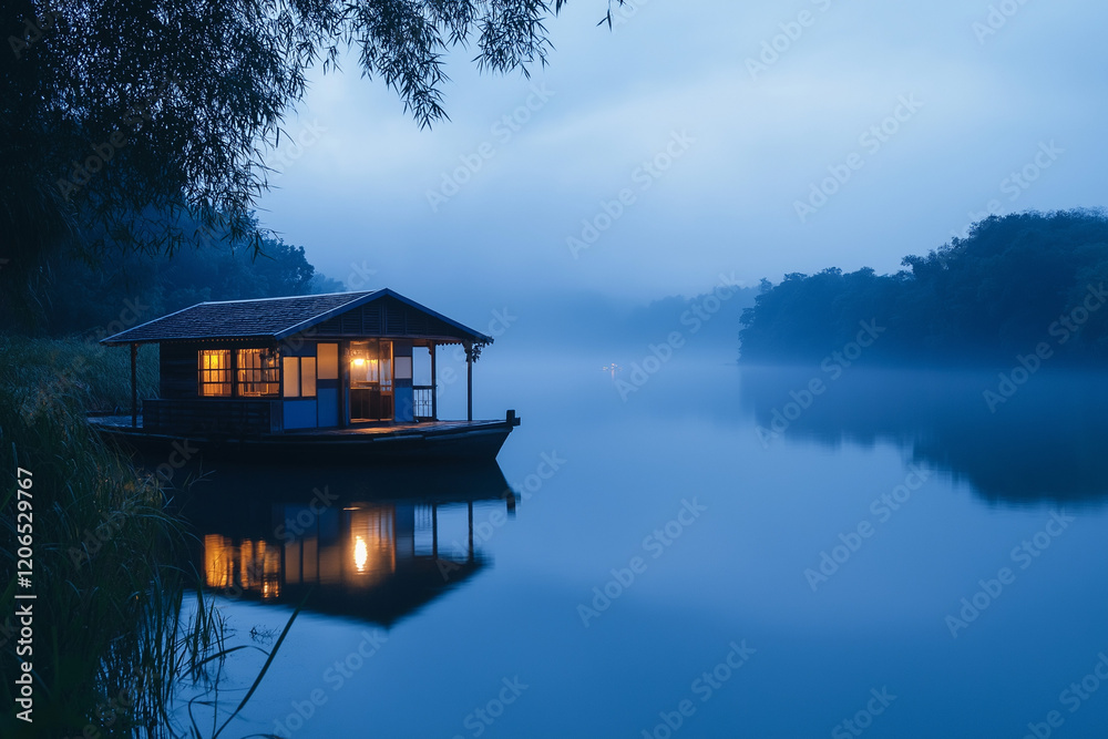 Obraz premium Houseboat Anchored at the Edge of a Tranquil Lake, A Perfect Retreat Surrounded by Nature