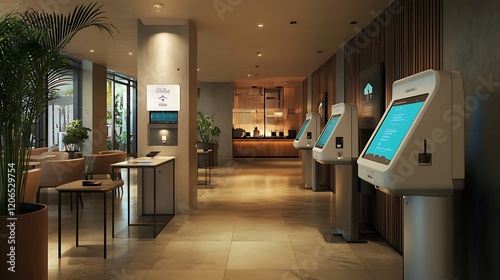 Sleek and modern hotel lobby with digital check in kiosks and screens