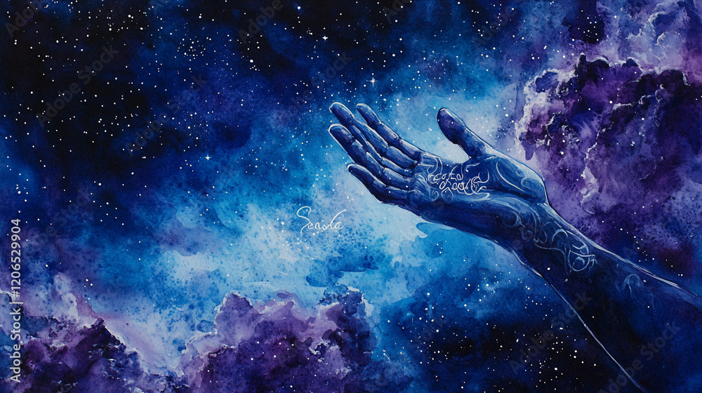 Celestial hand reaching for stardust in a vibrant nebula.