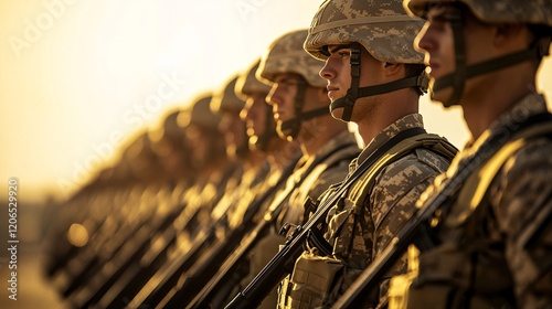 Soldiers Standing in Line During Tactical Drill at Sunrise photo