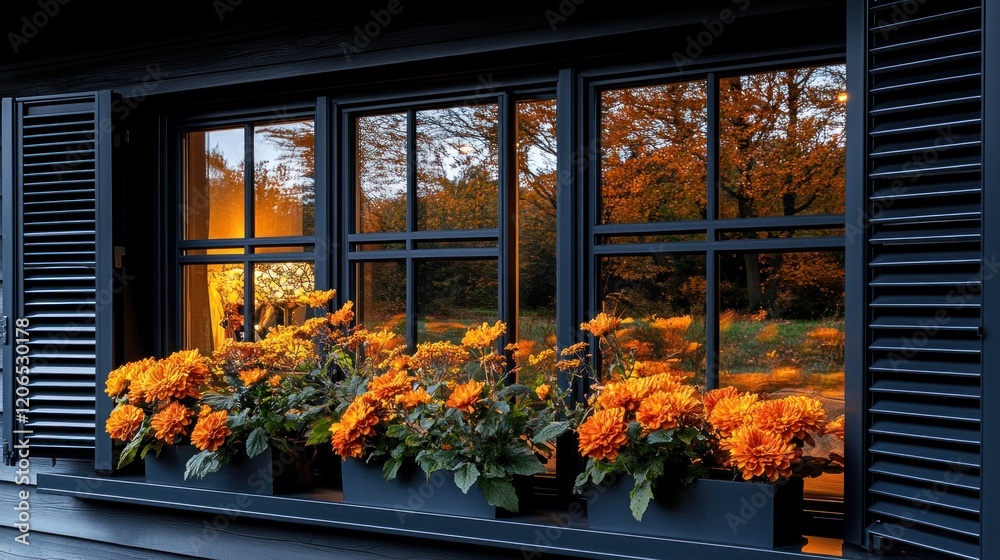 Fototapeta premium Cozy Autumn Evening Reflected in Window with Vibrant Marigolds
