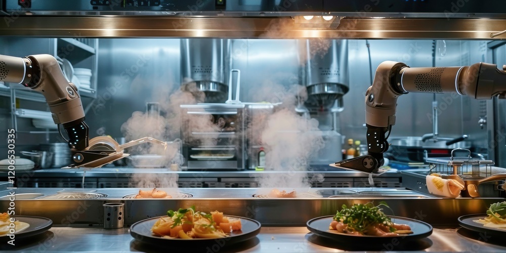Robotic chefs in a high-tech kitchen prepare gourmet dishes. Steam rises from plated meals on stainless steel counters. Futuristic cooking at its finest. Robotic chefs in a high-tech kitchen prepare gourmet dishes. Steam rises from plated meals on stainless steel counters. Futuristic cooking at its finest.