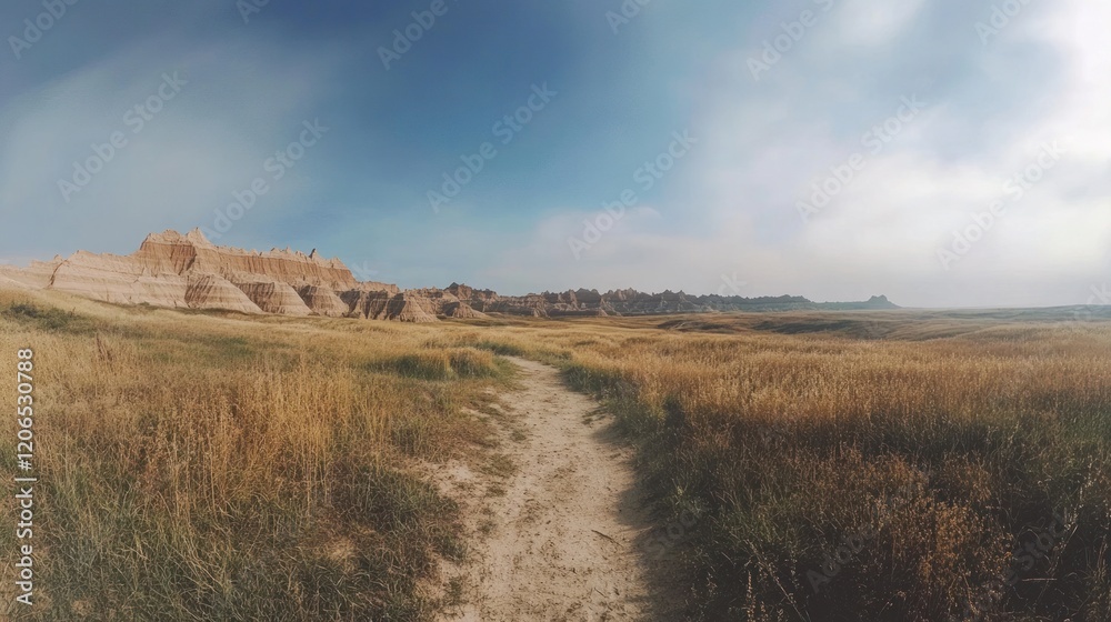 Serene Path Through Golden Grasslands of Badlands National Park Serene Path Through Golden Grasslands of Badlands National Park