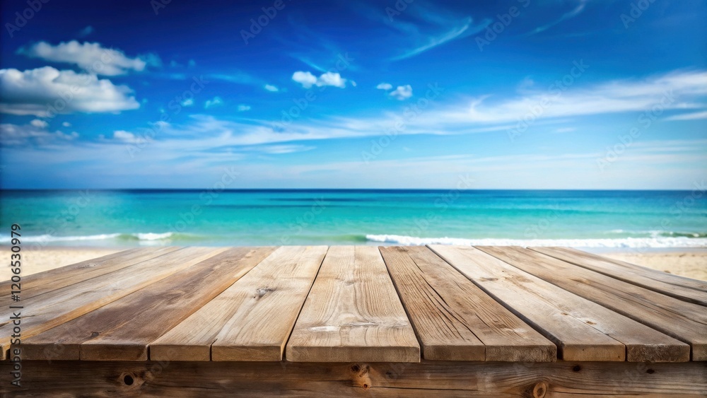 Rustic Wooden Deck Overlooking a Tranquil Ocean Scene on a Sunny Day Rustic Wooden Deck Overlooking a Tranquil Ocean Scene on a Sunny Day