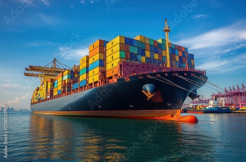 Large cargo ship with colorful containers docked in harbor under blue sky, showcasing maritime industry and global shipping logistics operations