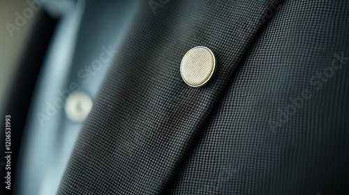 Close-up of a man's suit lapel with a small, round pin.