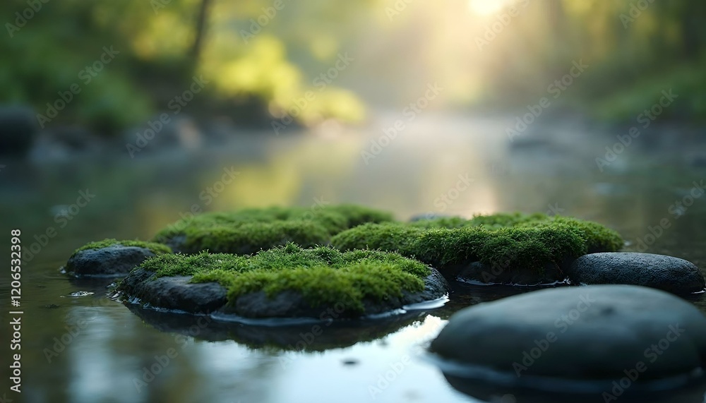 Serene Mossy Rocks in Calm Stream Peaceful Nature Scene Serene Mossy Rocks in Calm Stream Peaceful Nature Scene