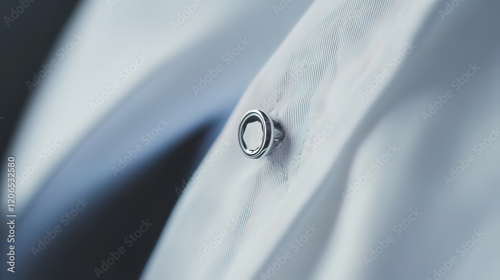 Close-up of a silver collar button on a crisp white shirt. Close-up of a silver collar button on a crisp white shirt.