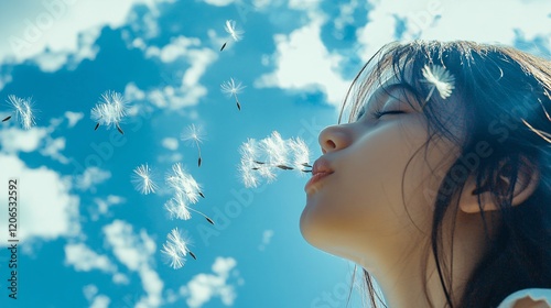 Girl Blowing Dandelions Into the Sky on a Bright Sunny Day photo