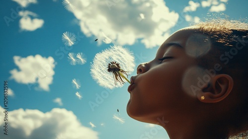 Girl Blowing Dandelions Into the Sky on a Bright Sunny Day photo