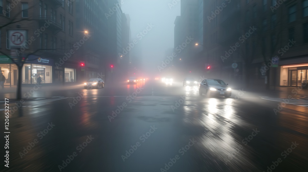 Foggy city street at night with cars driving. Foggy city street at night with cars driving.