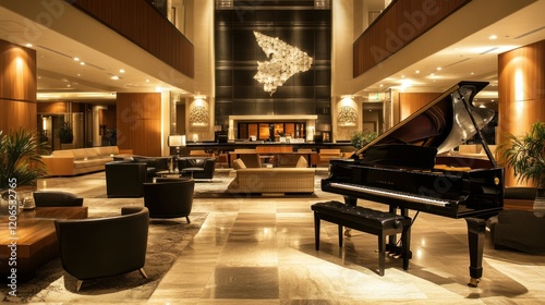 Grand Piano in Luxurious Hotel Lobby