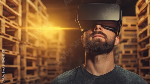 Worker using AR to locate specific cargo in a warehouse, smart tracking systems, advanced logistics technology