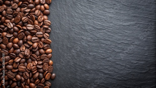 Roasted coffee beans border on dark stone background