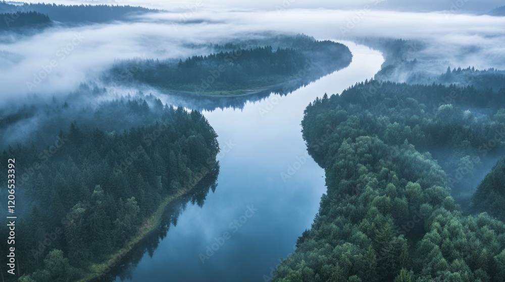 Misty River Winding Through a Serene Forest: An Aerial View of Tranquil Nature Misty River Winding Through a Serene Forest: An Aerial View of Tranquil Nature