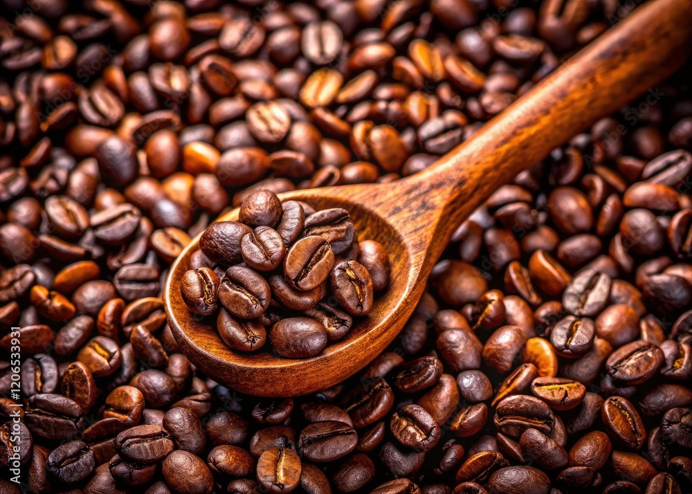 Fototapeta premium Macro Coffee Spoon Photography: Close-up Wooden Spoon, Coffee Beans, Aromatic Coffee Background