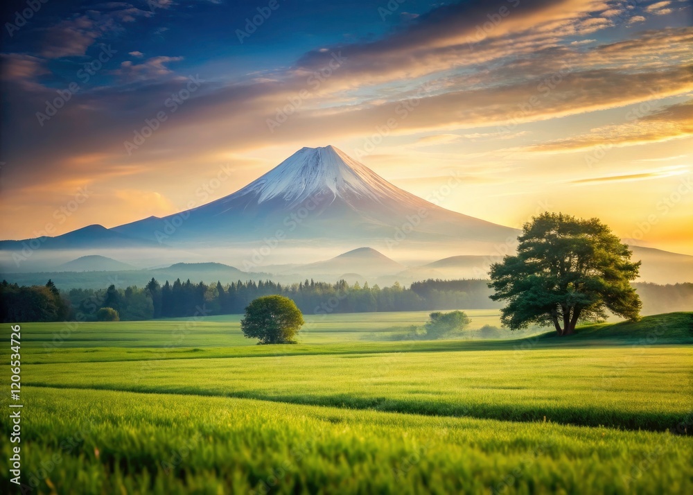 Obraz premium Majestic Mountain Peak Overlooking Verdant Farmland - Serene Landscape Photography